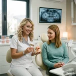 Dr Ljubica Stefanović u ordinaciji Dentib objašnjava pacijentkinji plan terapije i razlog za vađenje zdravih zuba pre postavljanja fiksne proteze.