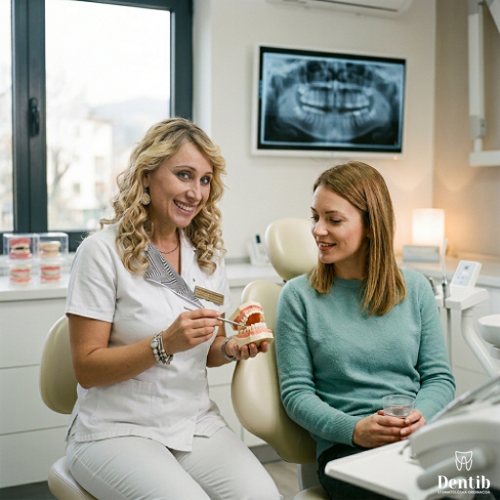 Dr Ljubica Stefanović u ordinaciji Dentib objašnjava pacijentkinji plan terapije i razlog za vađenje zdravih zuba pre postavljanja fiksne proteze.