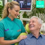 Dr Ljubica Stefanović u ordinaciji Dentib razgovara sa zadovoljnim starijim pacijentom nakon uspešne ugradnje implantata.