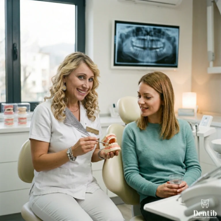 Dr Ljubica Stefanović u ordinaciji Dentib objašnjava pacijentkinji plan terapije i razlog za vađenje zdravih zuba pre postavljanja fiksne proteze.